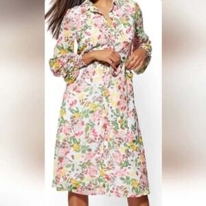 NEW YORK & COMPANY Womens Floral Print Button Down‎ Shirt Dress Midi XL